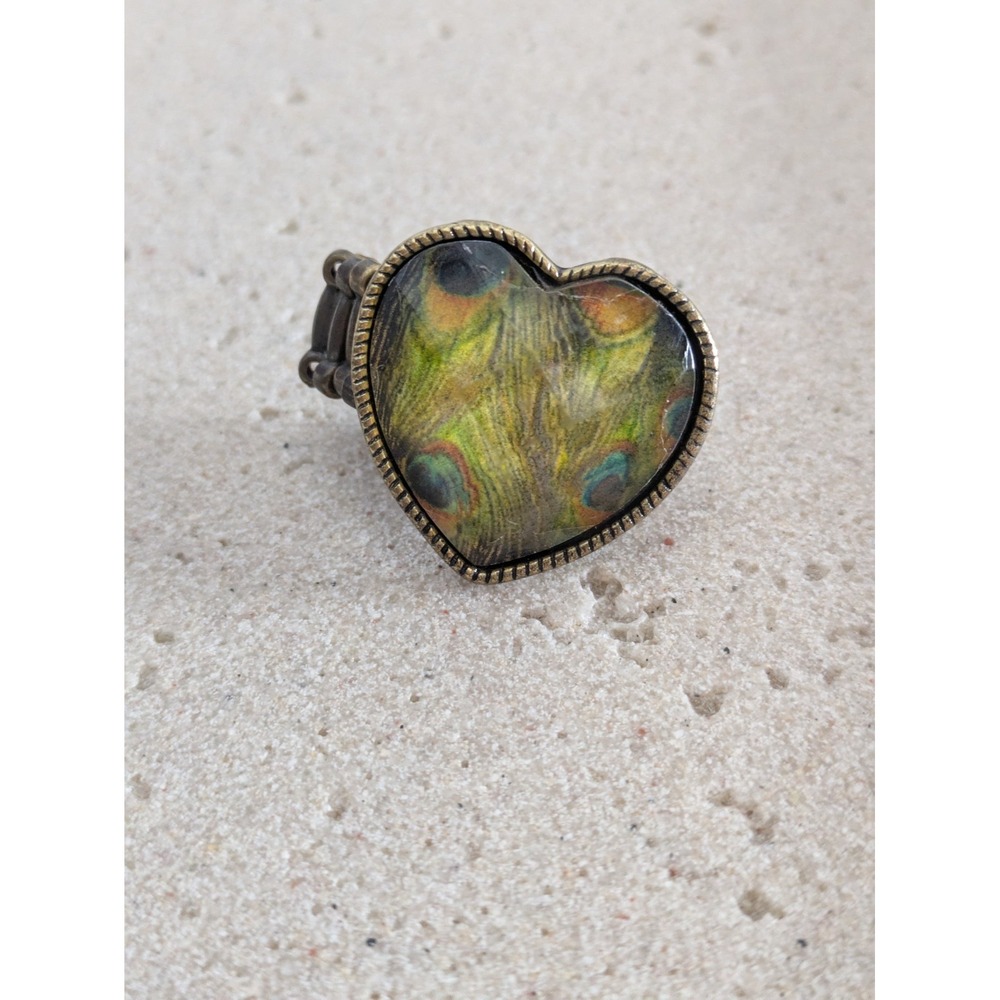 Bohemian Puffy Heart Stretch Ring Size 6 Peacock Print Oversized Eclectic Brass